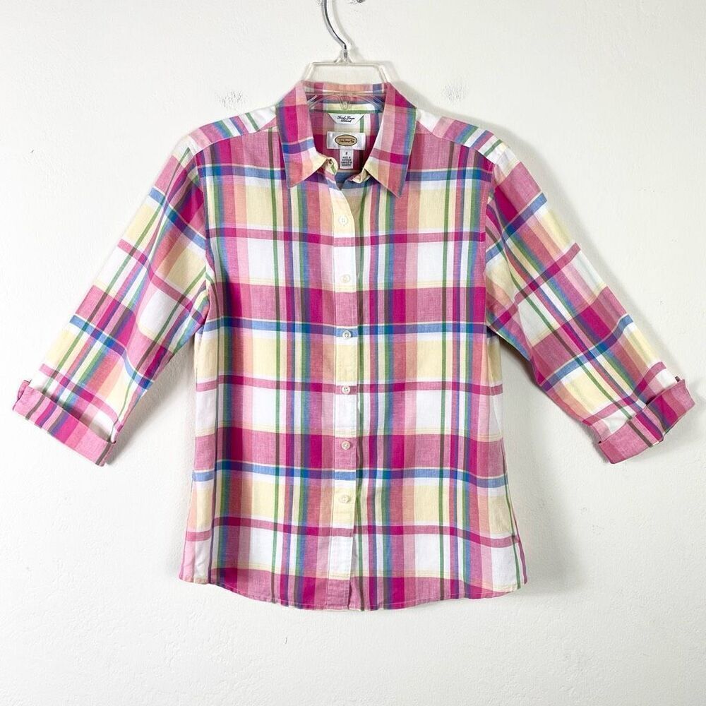 Talbots Pink Plaid Irish Linen Blend 3/4 Sleeve Button Up Shirt Size S